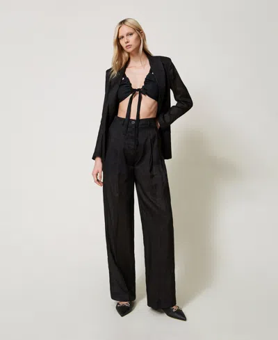 Twinset Pantalon En Ramie Avec Plis In Black