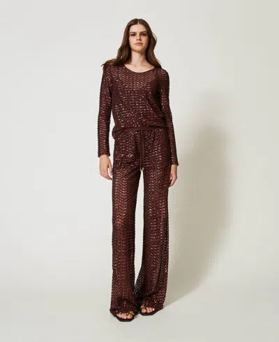 Twinset Pantalon En Tulle Avec Sequins In Brown