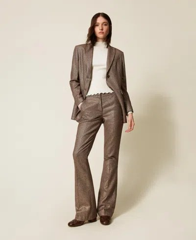 Twinset Pantalon Évasé En Laine Mélangée Avec Lurex In Brown