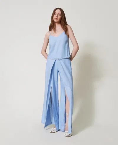 Twinset Pantalon Palazzo En Lin In Blue