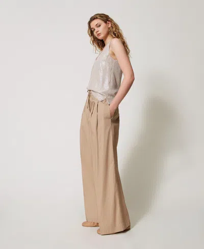 Twinset Pantalon Palazzo En Popeline In Brown