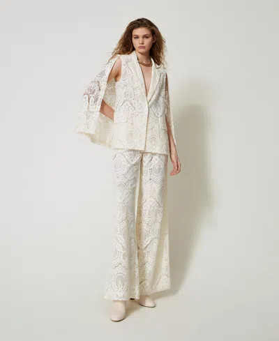 Twinset Pantalon Palazzo « Procida » En Dentelle Macramé In White