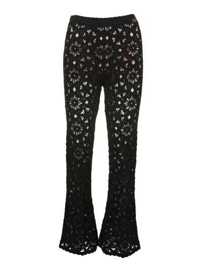 TWINSET BLACK FLARED PANTS WITH CROCHET WORK IN COTTON WOMAN