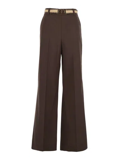 TWINSET BROWN PANTS WITH WAIST BELT AND METALLIC LOGO PLAQUE IN COTTON POPLIN WOMAN