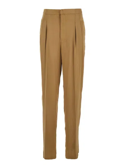 TWINSET BEIGE PANTS WITH PENCES AND LOGO PLAQUE ON THE REAR