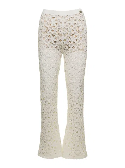 TWINSET WHITE FLARED PANTS WITH CROCHET WORK IN COTTON WOMAN