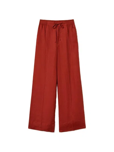 Twinset Pantaloni Lunghi Di Lino Color Terracotta Con Coulisse  In Burgundy