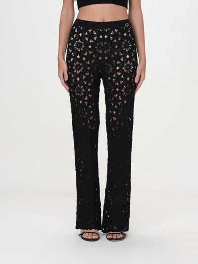 Twinset Floral-crochet Flared Trousers In Black