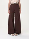 Twinset Brown Pants With Waist Belt And Metallic Logo Plaque In Cotton Poplin Woman In コーヒー
