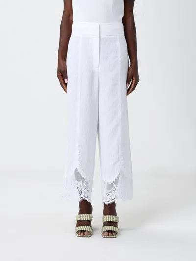 Twinset Pantaloni Bianchi Di Lino Con Pizzo Sul Fondo  In White