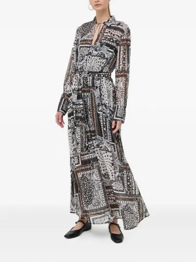 Twinset Patchwork-print Tie-neck Dress In Gray