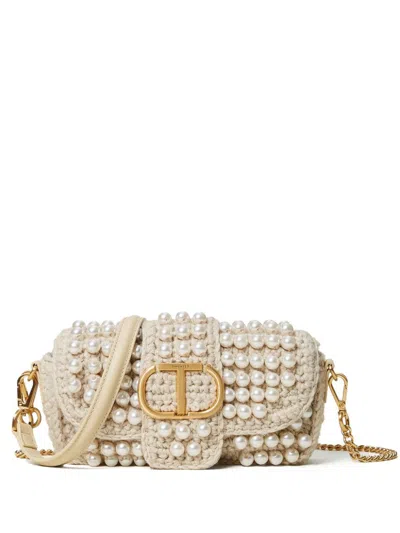 Twinset Pearl-embellished Crochet Bag In White