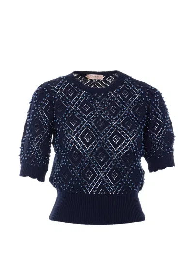 Twinset Pearl-embellished Knitted T-shirt In Blue