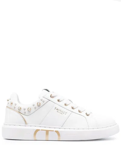 Twinset Pearl-embellished Low-top Sneakers In White