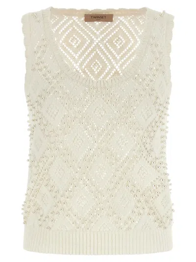 Twinset Pearl-embellished Knit Tank Top In Neutral