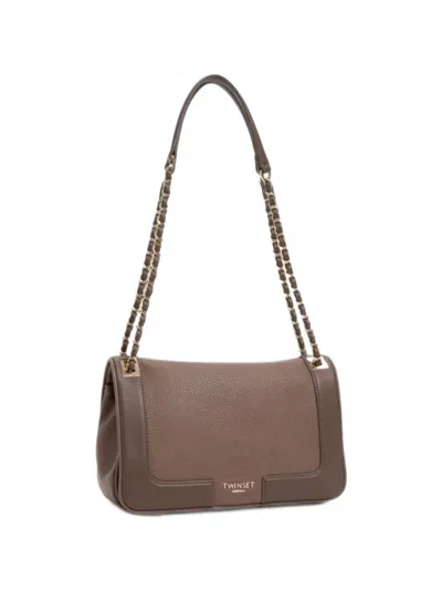 Twinset Pebbled Chain-link Shoulder Bag In Brown