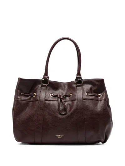 Twinset Pebbled Drawstring Tote Bag In Brown