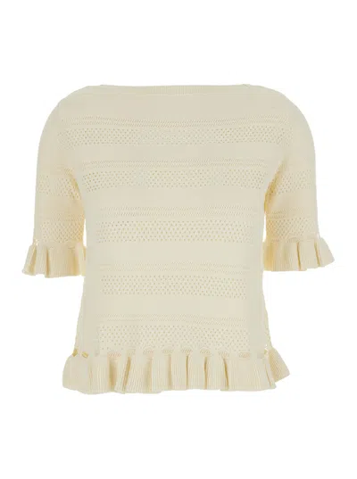 Twinset Perforated Knit With Ruffled Hems Sweater In White