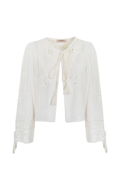 Twinset Perforated Muslin Jacket In Bianco Ottico