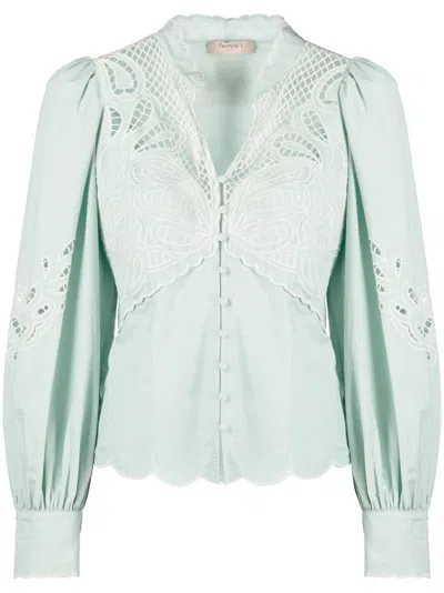 Twinset Perforated Paisley-detail Poplin Shirt In Green