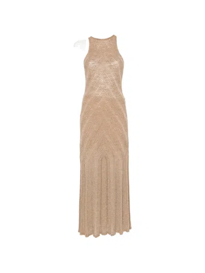 Twinset Long Dress With Perforated Pattern In Brown