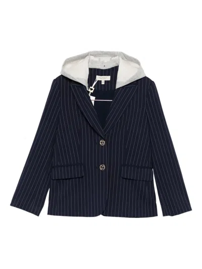 Twinset Kids' Pinstripe-pattern Hooded Blazer In Blue
