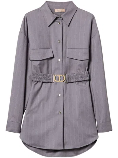 Twinset Pinstripe-print Belted Shirt In Grey