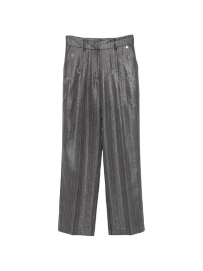 Twinset Pinstriped Crystal-embellished Trousers In Gray