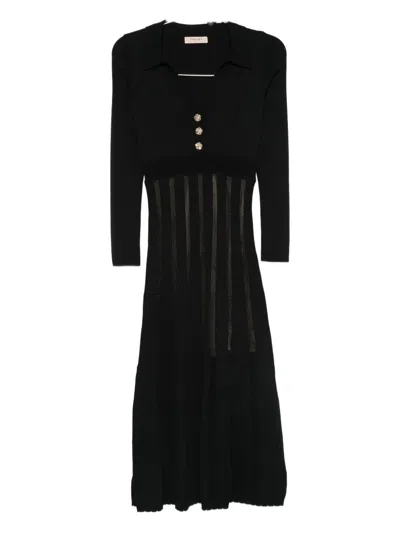Twinset Pleated Button-embellished Midi Dress In Black