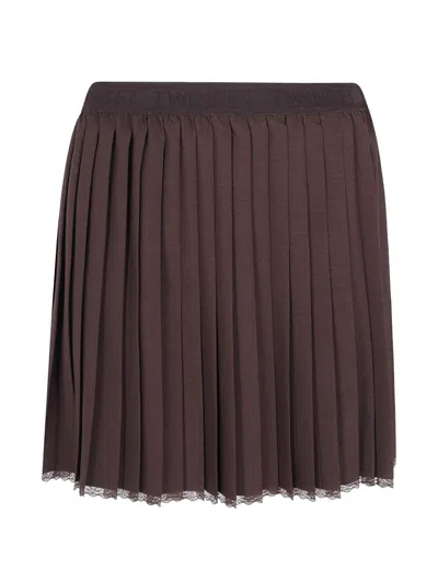 Twinset Pleated Crêpe De Chine Short Skirt In Brown