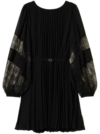 Twinset Pleated Dress With Sheer Lace Sleeves In Black
