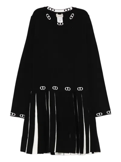Twinset Pleated-hem Logo-detail Dress In Black