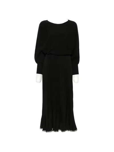 Twinset Pleated Lace-trim Midi Dress In Black