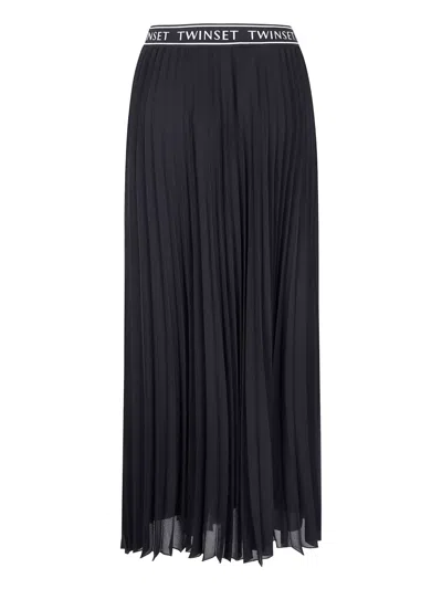 Twinset Pleated Logo-waistband Maxi Skirt In Black