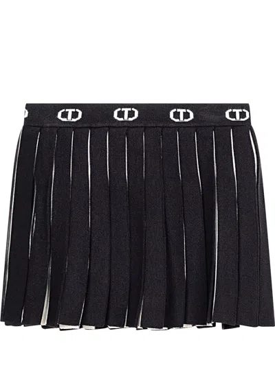 Twinset Twin-set Plissé Mini Skirt With Logo Band In Bic.nero Off White