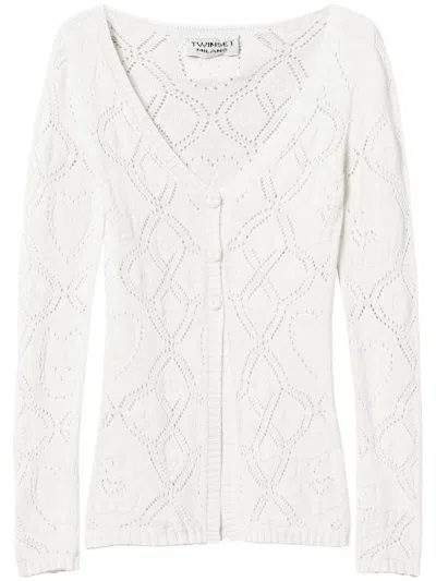 Twinset Pointelle-knit Cardigan In White