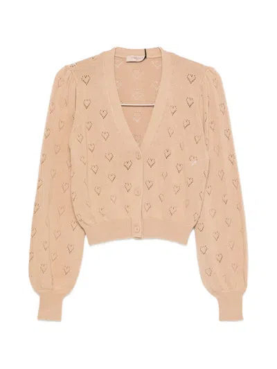 Twinset Pointelle-knit Heart-motif Cardigan In Neutral