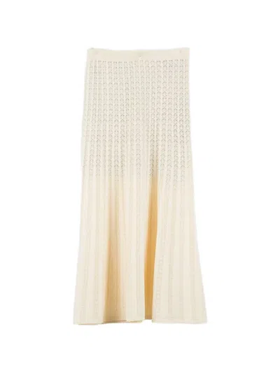 Twinset Pointelle-knit High-waisted Midi Skirt In Neutral