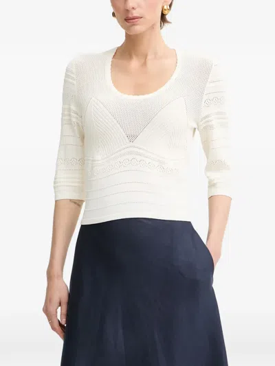 Twinset Pointelle-knit Three-quarter Sleeve Sweater In White