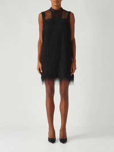 Twinset Robe Courte Avec Franges Et Tulle In Black