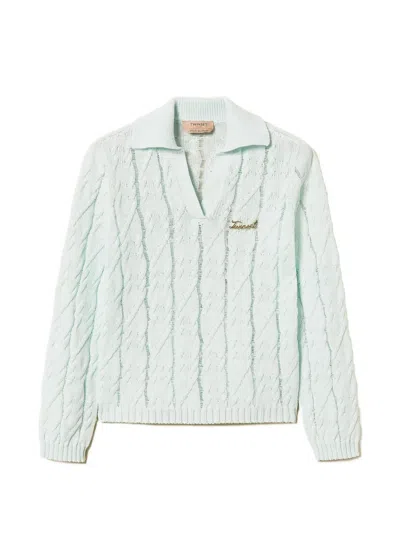 Twinset Polo-collar Cable-knit Sweater In Green