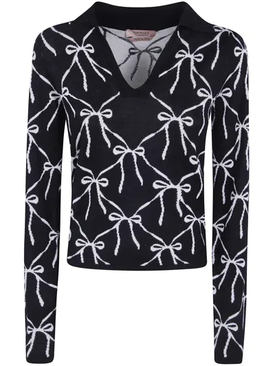 Twinset Bow-print V-neck Sweater In Multi