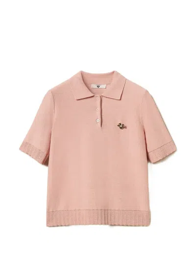 Twinset Polo Shirt With Brooch In Pink