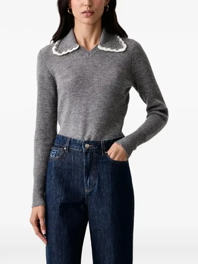 Twinset Polo Shirt With Crochet Collar In Gray