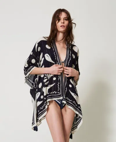 Twinset Poncho Avec Imprimé Et Pompons In Black
