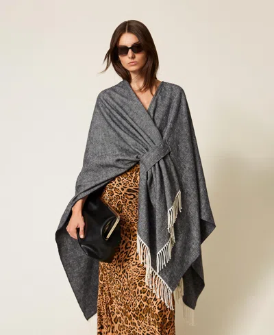 Twinset Wool Cloth Poncho With Fringes In Gray