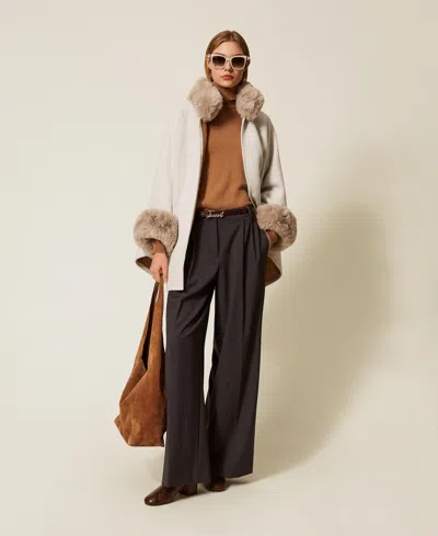 Twinset Wool Cloth And Faux Fur Poncho In Brown