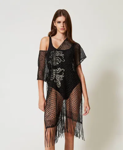 Twinset Poncho En Filet Lurex Avec Franges In Black