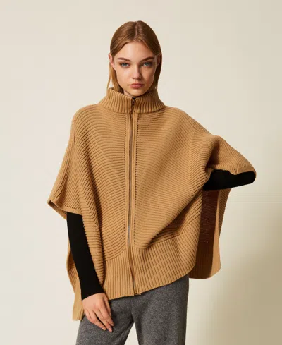 Twinset Poncho En Maille Avec Fermeture Éclair In Brown