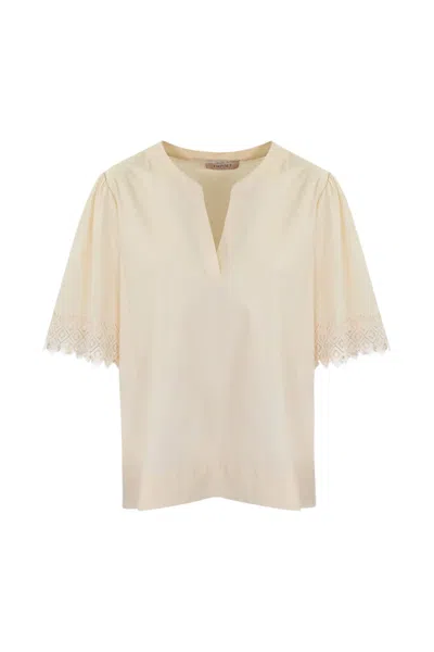 Twinset Poplin Blouse With Embroidery In Parchment